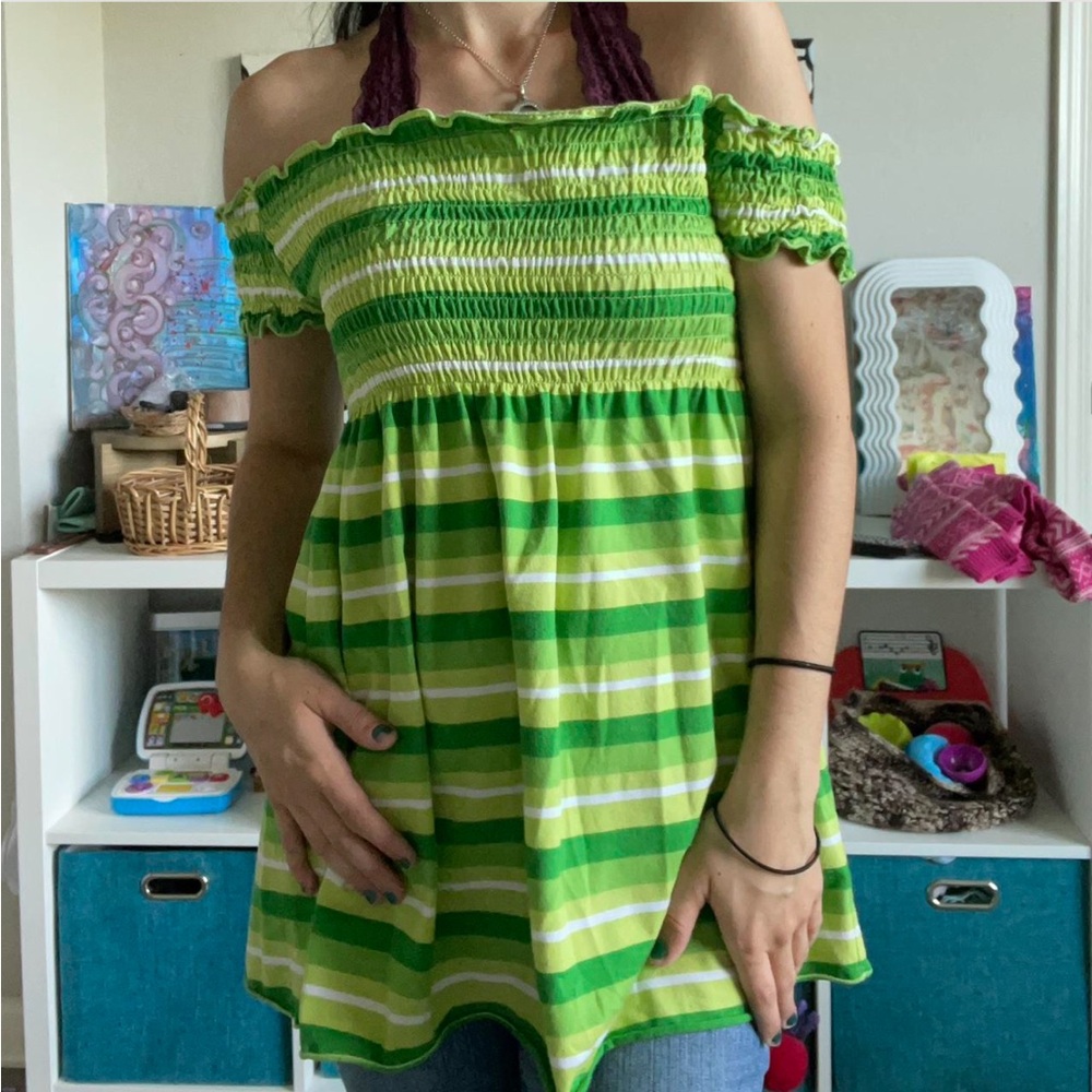 striped green strapless top